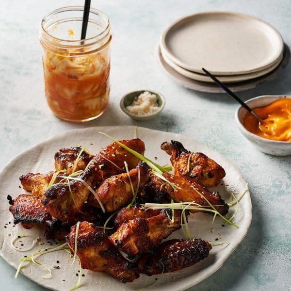 Korean Chicken Wings with Kimchi and Gochujang Mayo